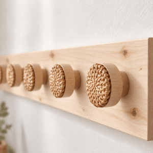 crochet mural boho en pin blanc naturel et bouton en rotin
