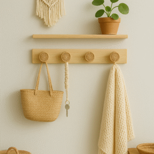 Crochet mural boho en bois et rotin