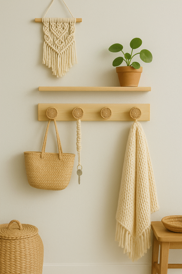 Crochet mural boho en bois et rotin