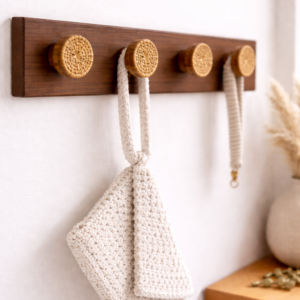 patère murale en bois brun et rotin