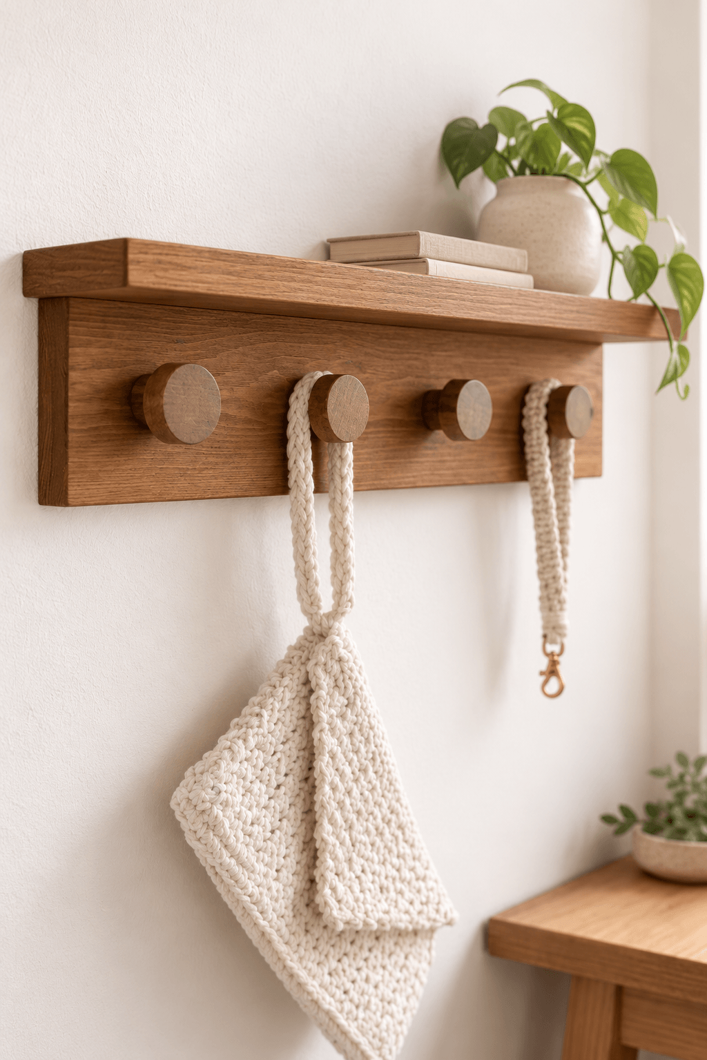 crochet mural brun avec tablette en bois