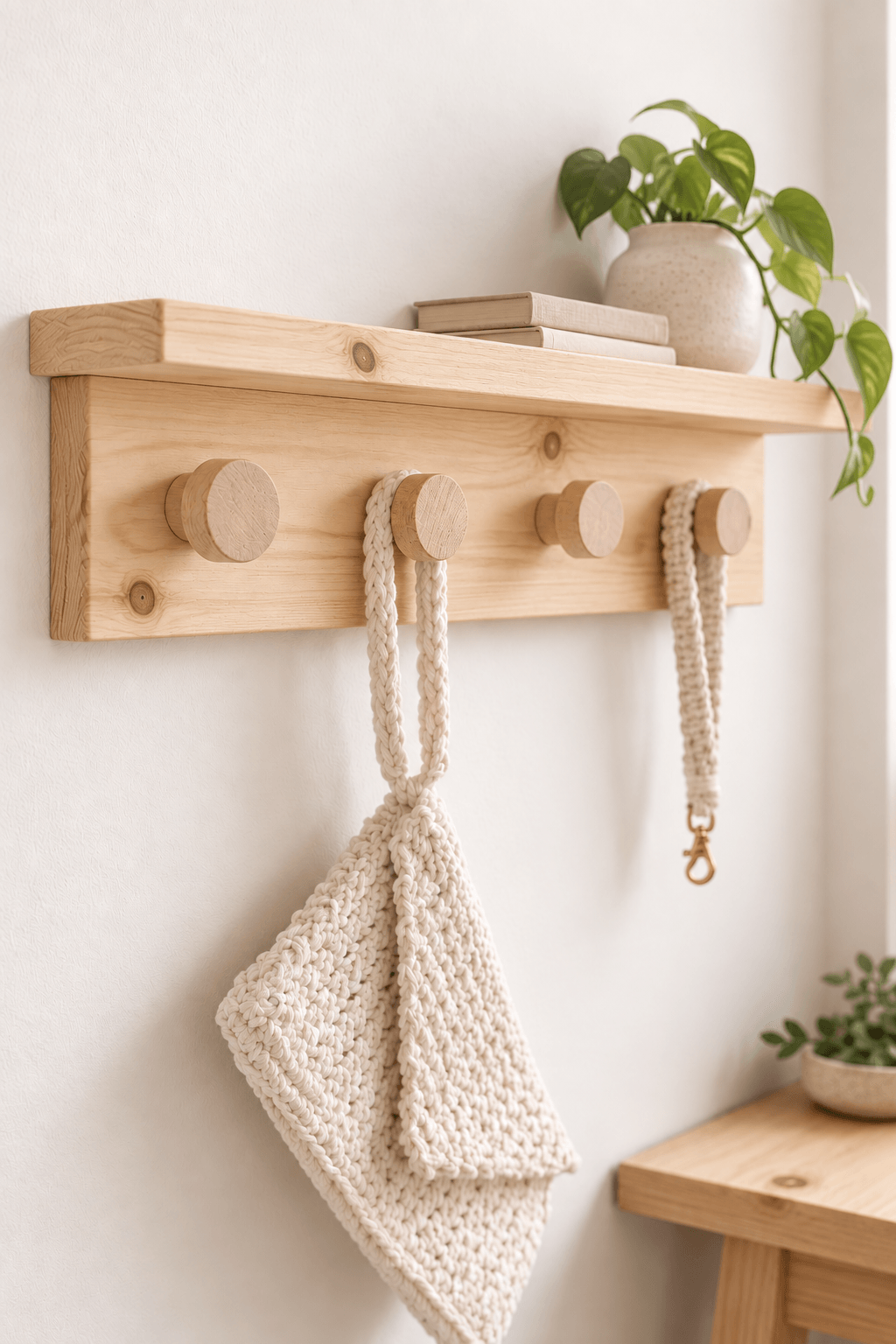 crochet mural en bois naturel clair avec tablette intégrée