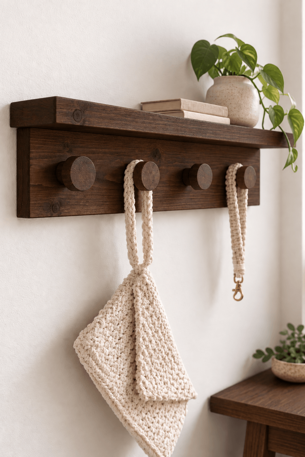 tablette murale en pin avec crochet en bois