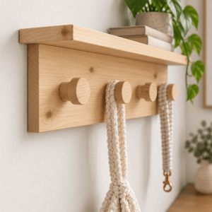 croche mural en pin blanc naturel avec supports rond en bois