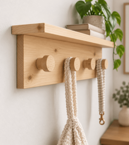 croche mural en pin blanc naturel avec supports rond en bois
