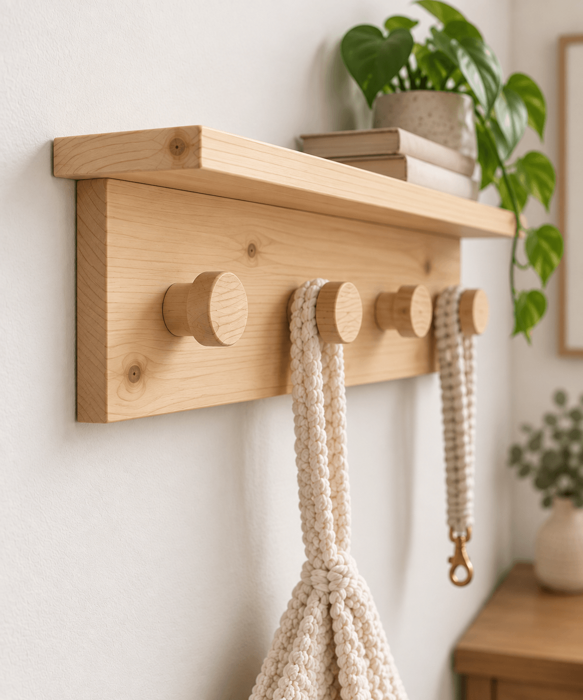 croche mural en pin blanc naturel avec supports rond en bois